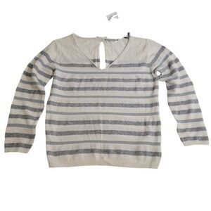 NAF NAF NWT 100% Cashmere Cream Grey Silver Stripe V Neck Keyhole Back Sweater M